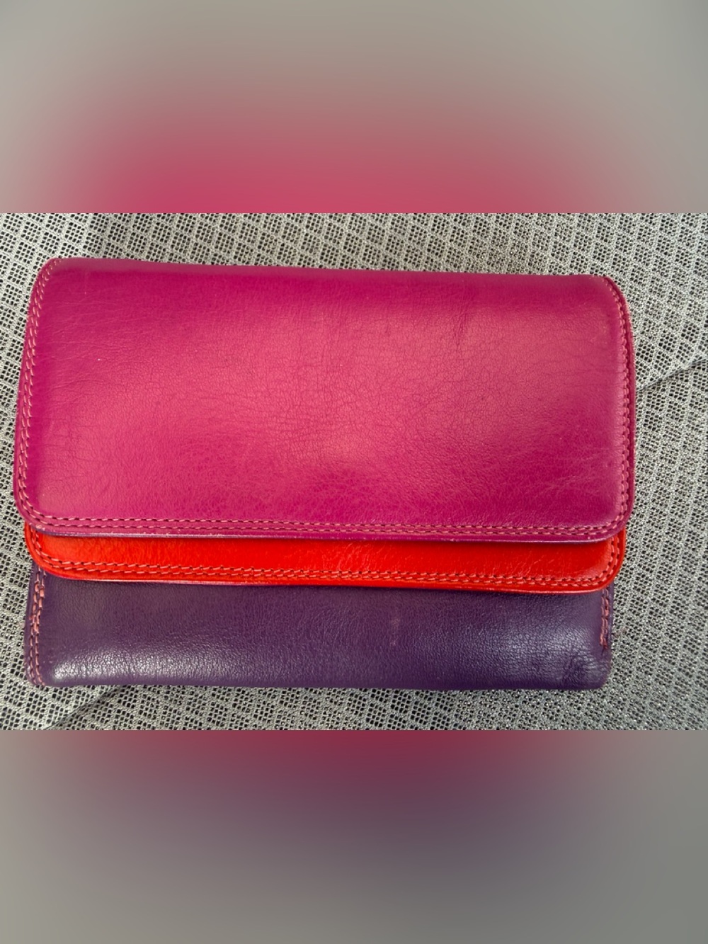 Mywalit Leather Trifold Wallet – Purple, Pink, Red, Orange Colorblock